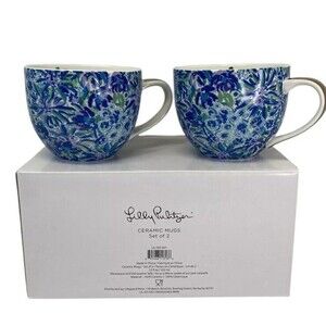 Lilly Pulitzer Set of 2 Ceramic Coffee Mugs Blue Floral 12 oz Gold Handle New